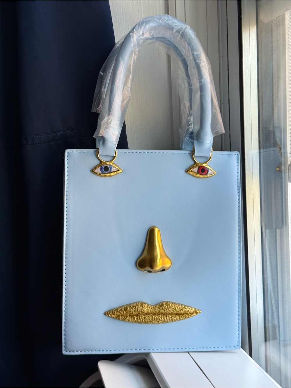Schiaparelli Inspired Light Blue Novelty Face Tote Bag with Gold Accents